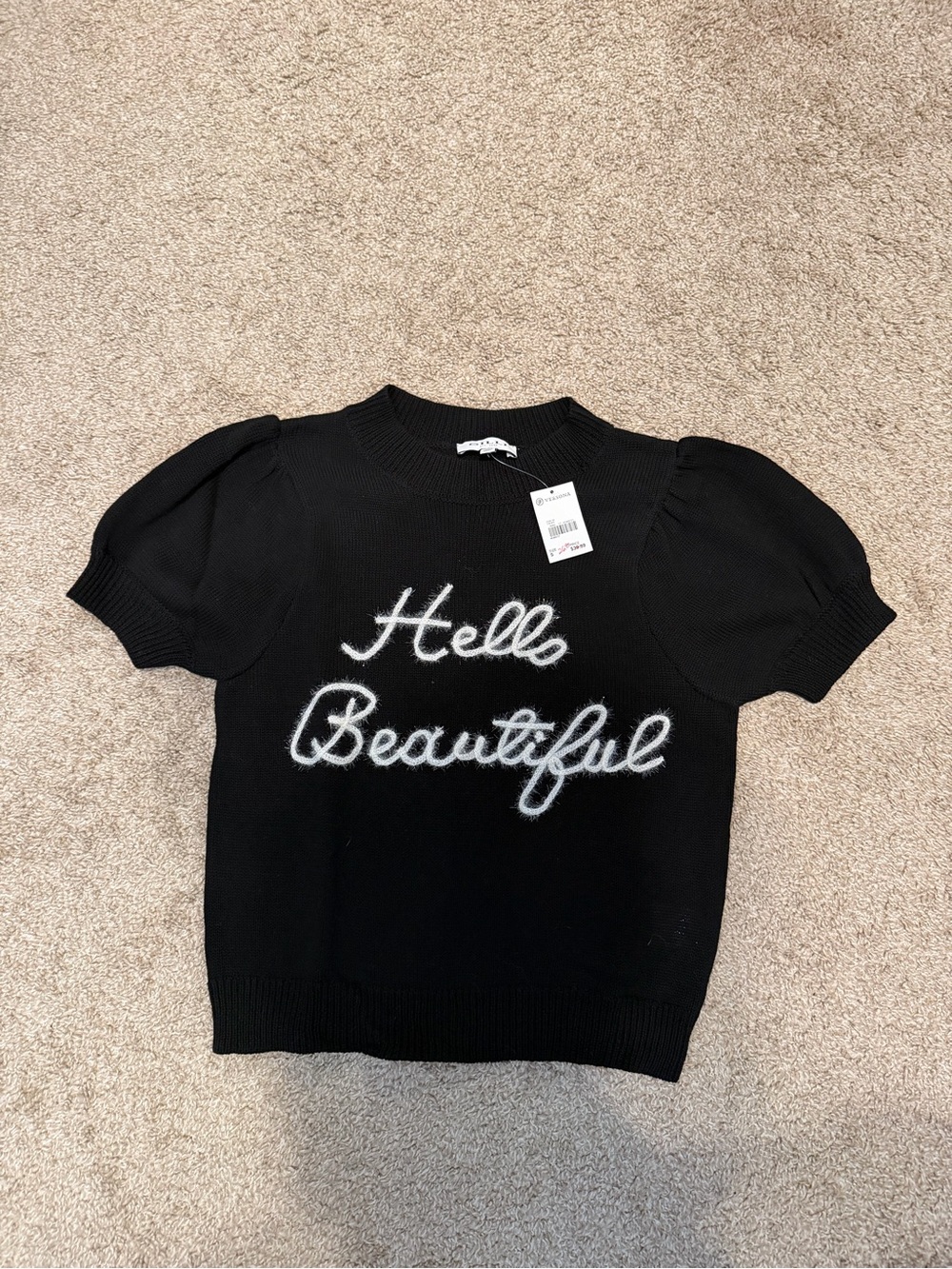 Versona Black Puff-Sleeve 'Hello Beautiful' Knit Tee